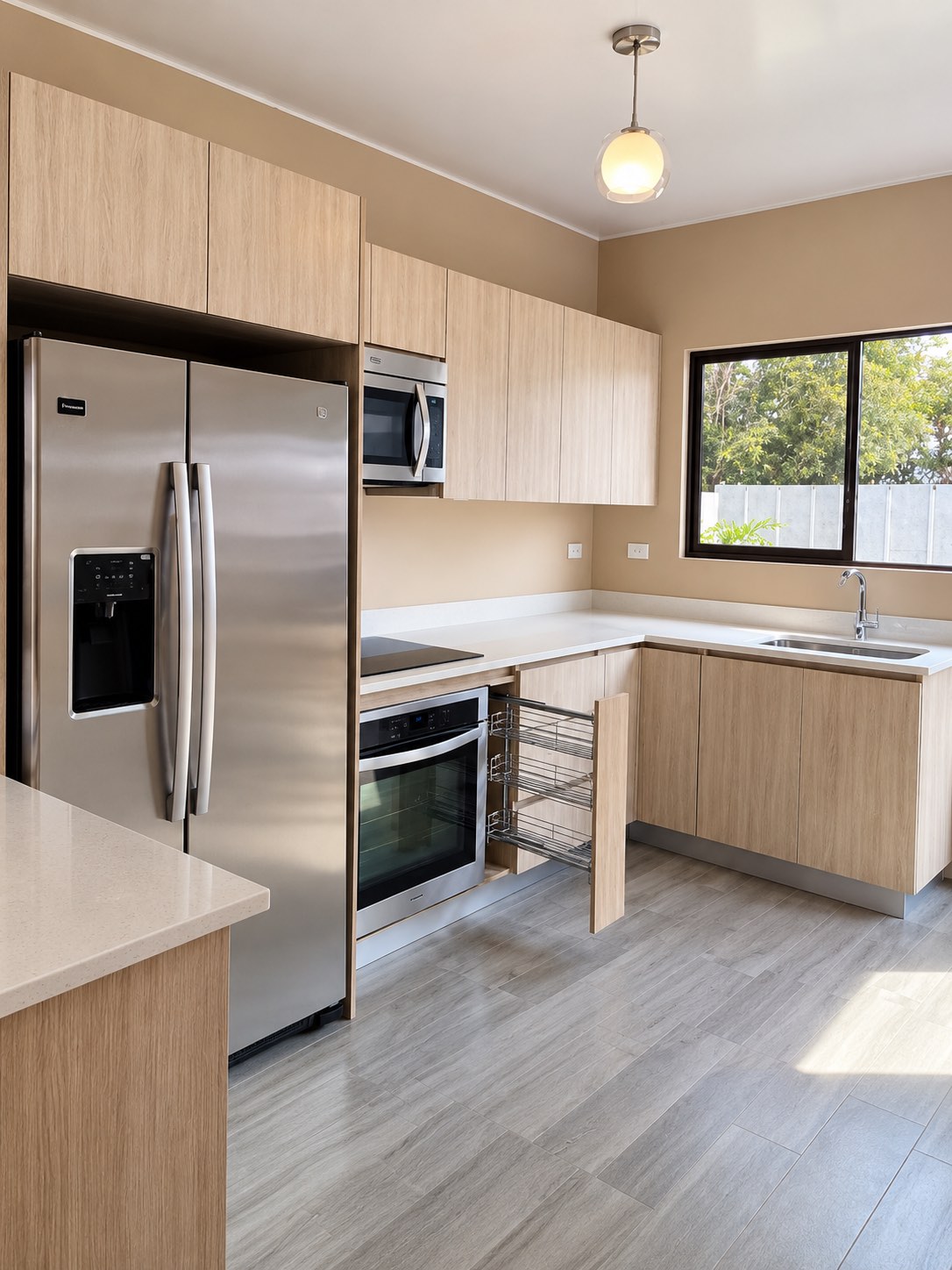Cocina en tono roble claro con despensa extraíble