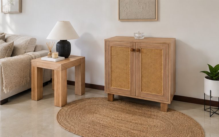 Mueble de madera con puertas de ratán y mesa auxiliar